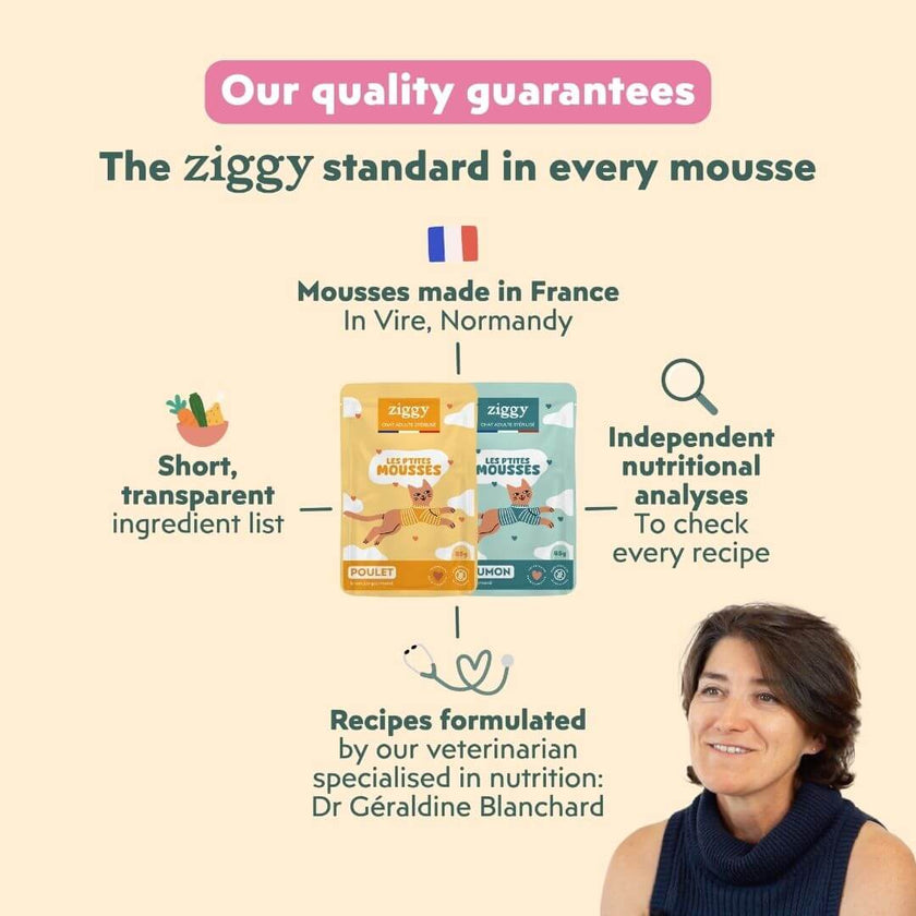 Ziggy mousse with chicken guarantees: made in France, formulated by a veterinarian, independent analyses