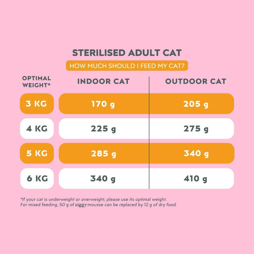 Daily feeding guide for Ziggy mousse for sterilised cats with chicken, by ideal weight and lifestyle