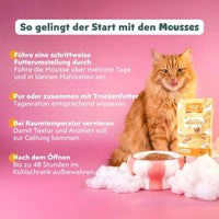 Anwendungstipps der Ziggy Mousse für sterilisierte Katzen mit Huhn: Futterumstellung, mit Trockenfutter, 48 Std. haltbar