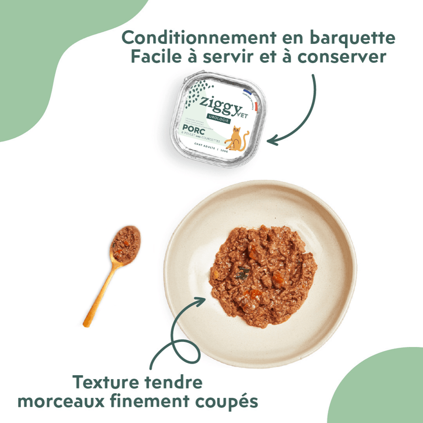 Texte et conditionnement de la pâtée pour chat adulte avec troubles urinaires de la marque Ziggy
