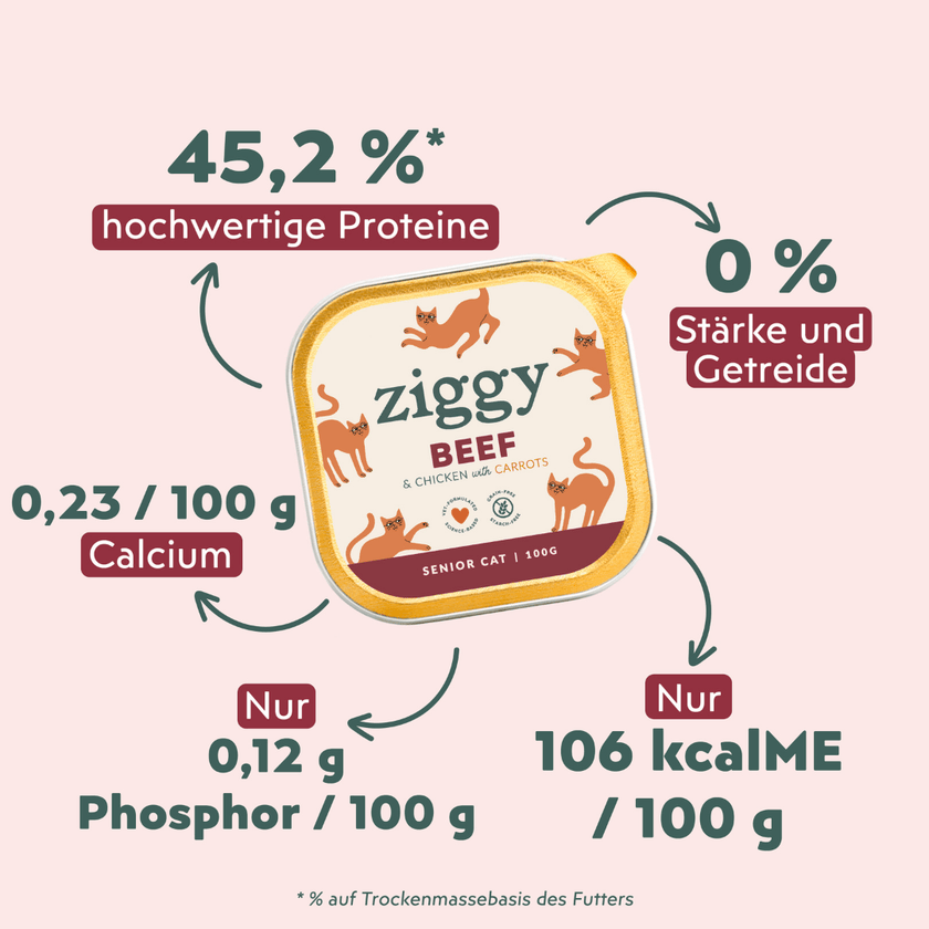 Fütterungsempfehlung für Ziggy Senior Rind-Nassfutter für ältere Katzen