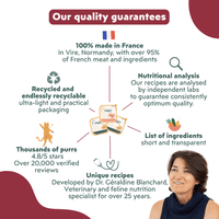 Infographic featuring a veterinarian's photo highlighting the quality of the Ziggy senior cat pâté with beef