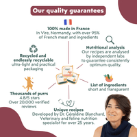 Infographic featuring a veterinarian's photo highlighting the quality of the Ziggy senior cat pâté with salmon