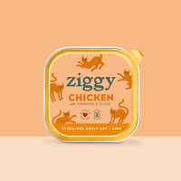 Main photo of the single tray of Ziggy adult sterilised cat pâté with chicken, tomatoes and olives