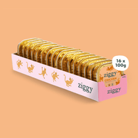 Quantity selector for the single tray of Ziggy adult sterilised cat pâté with chicken, tomatoes and olives