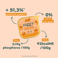Nutritional values infographic (phosphorus, protein levels) for the Ziggy adult sterilised cat pâté with chicken, tomatoes and olives
