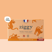 Pâtée Stérilisé Poulet Olives Ziggy pour chats, sachets 4×100g – lot de 2