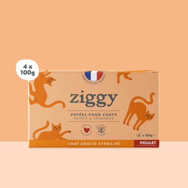 Barquette de la pâtée pour chat adulte stérilisé Ziggy au Poulet, Tomates et Olives