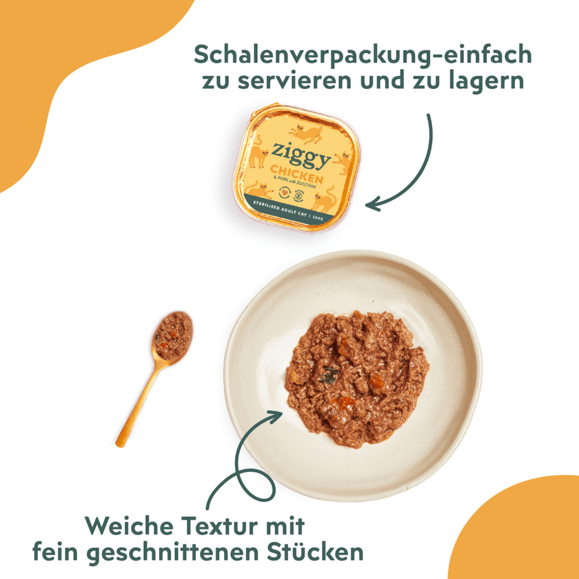 Ziggy sterilisiertes Hühnchen-Nassfutter serviert im Napf für Katzen