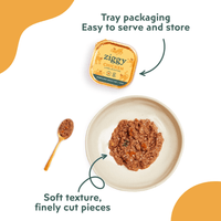 Close-up on the texture of the Ziggy adult sterilised cat pâté with chicken served in a small bowl