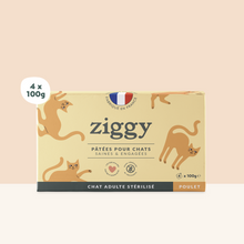 Lot de 4 pâtées pour chat adulte stérilisé de 100g au poulet de la marque d'alimentation pour chats et chatons saine et sans céréales Ziggy