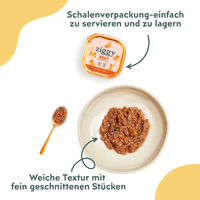 Textur und Verpackung des gesunden, stärkefreien Ziggy-Kätzchenfutters mit Rindfleisch