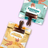Deux sachets de mousse Ziggy, au saumon et au poulet, refermés avec une pince de conservation