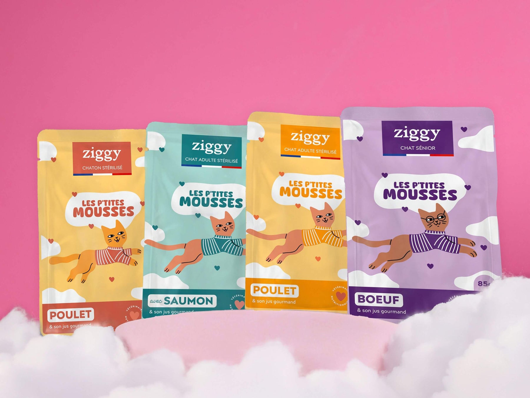 Vidéo de dégustation : texture des mousses Ziggy pour chat, avec les 4 sachets de la gamme