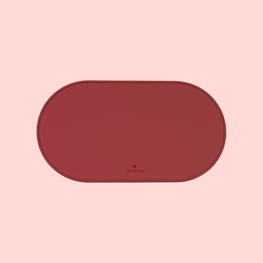 Ziggy Cool Cat Club cat feeding mat, burgundy red colourway